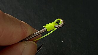 Snell knot tied on a fishing hook